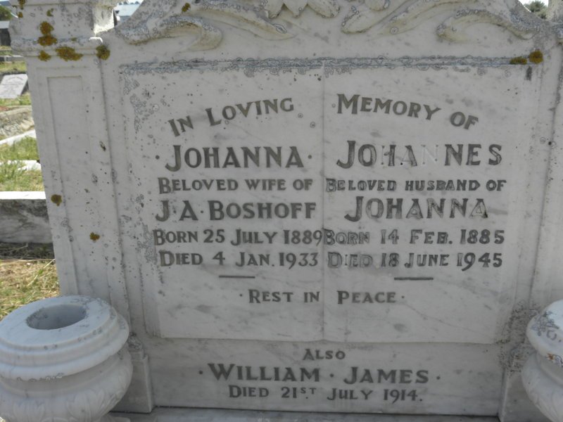 BOSHOFF Johannes 1885-1945 &amp; Johanna 1889-1933 :: BOSHOFF William James -1914