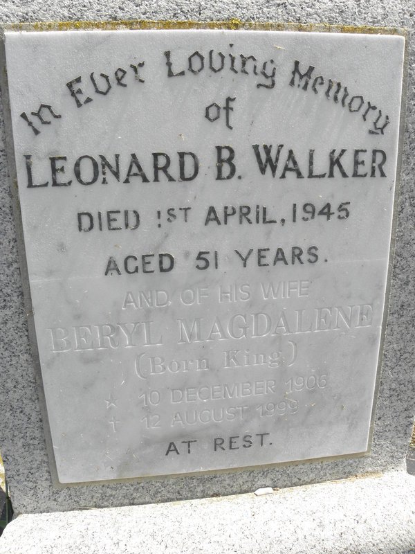 WALKER Leonard B. -1945 &amp; Beryl Magdalene KING 1906-1999