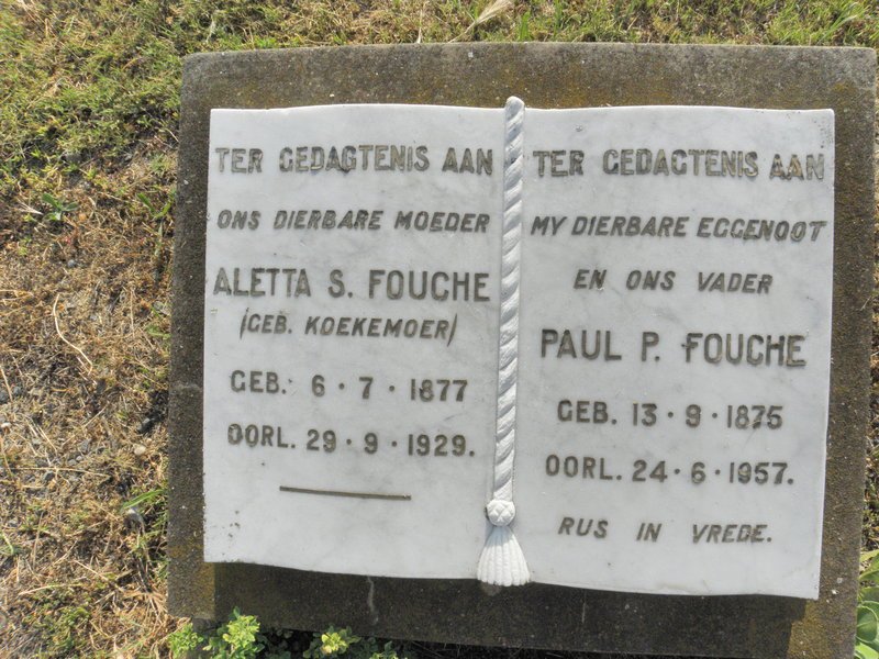 FOUCHE Paul P. 1875-1957 &amp; Aletta S. FOUCHE 1877-1929