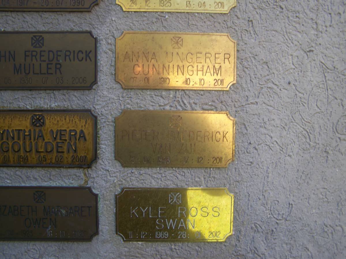 CUNNINGHAM Anna Ungerer 1910-2011 :: SWAN Kyle Ross 1989-2012 :: VAN ZIJL Pieter Frederick 1946-2011