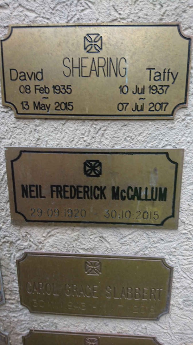 SHEARING David 1935-2015 &amp; Taffy 1937-2017 :: McCALLUM Neil Frederick 1920-2015 :: SLABBERT Carol Grace 1943-2016