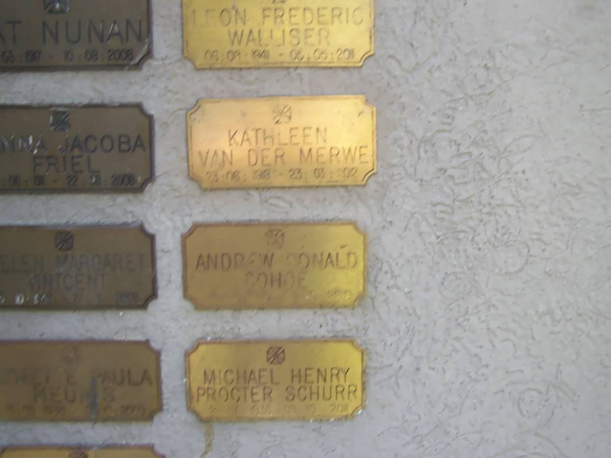 COHOE Andrew Donald ?-200? :: VAN DER MERWE Kathleen 19?8-2002 :: SCHURR Michael Henry Procter 1938-2011
