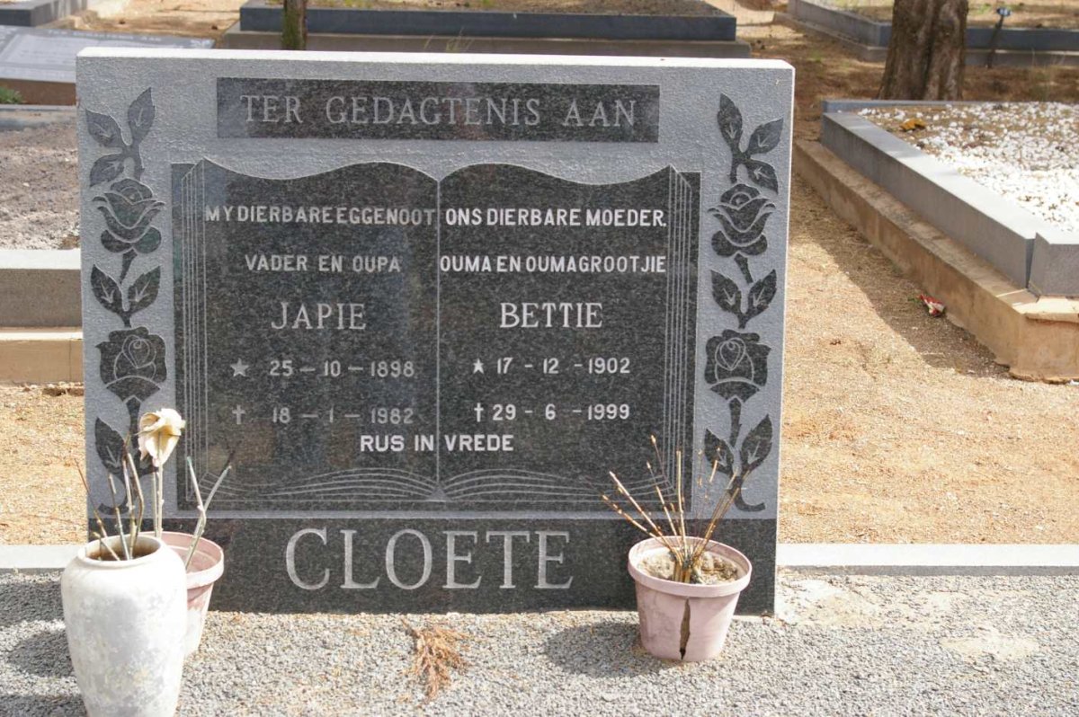CLOETE Japie 1898-1982 &amp; Bettie 1902-1999