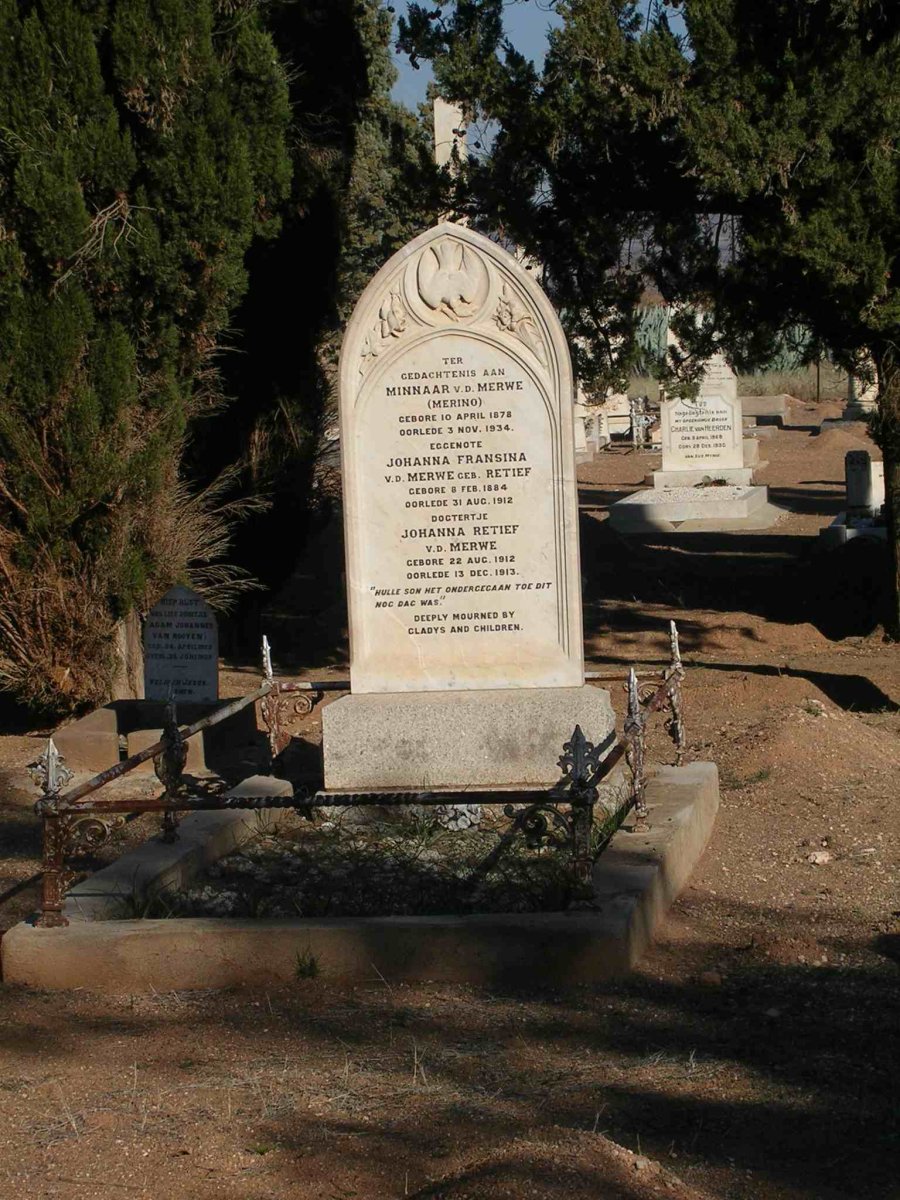 MERWE Minnaar, v.d. 1878-1934 &amp; Johanna Fransina RETIEF 1884-1912 :: V.D. MERWE Johanna Retief 1912-1913