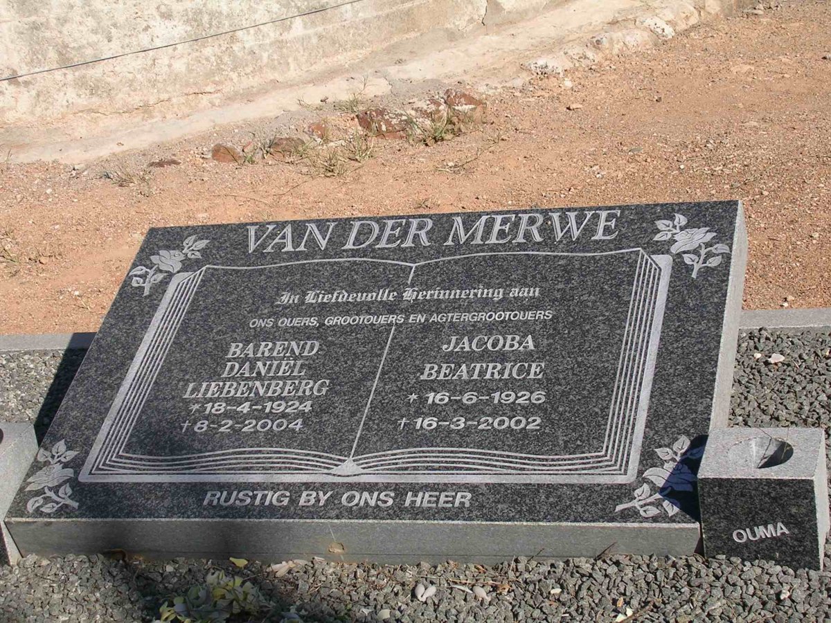 MERWE Barend Daniel Liebenberg, van der 1924-2004 &amp; Jacoba Beatrice 1926-2002