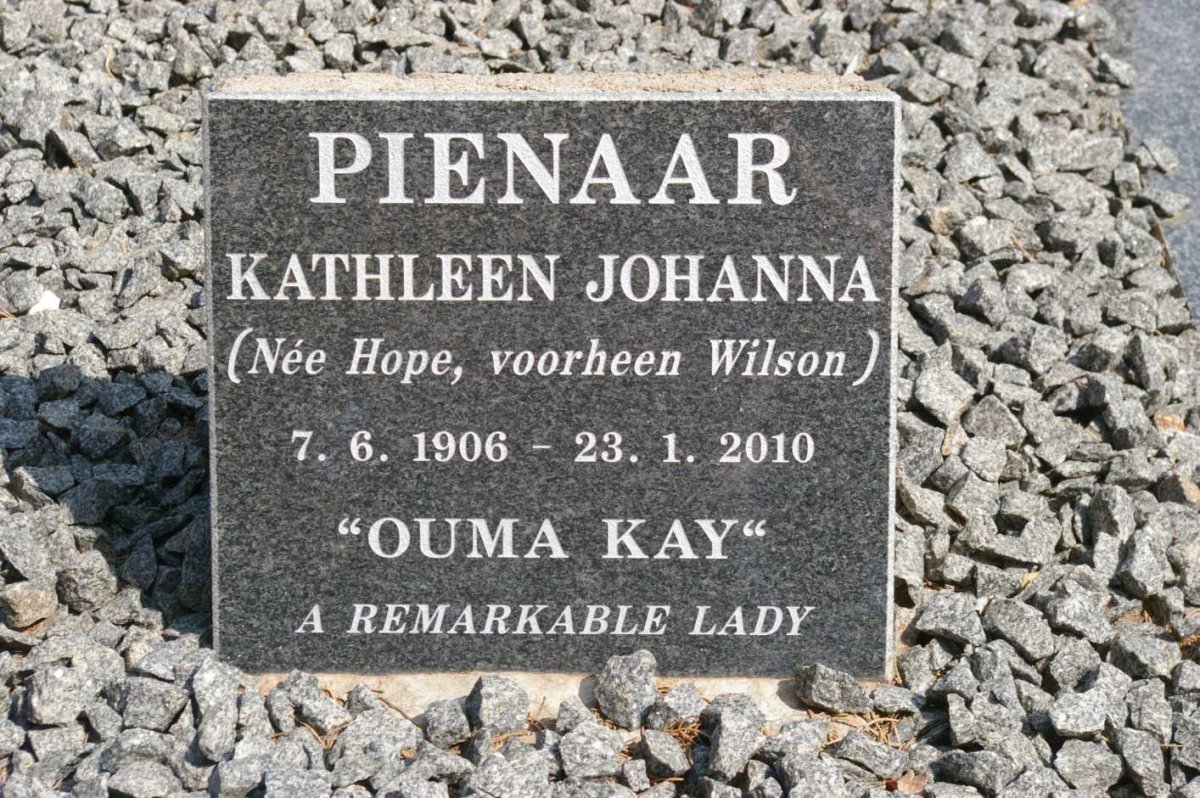 PIENAAR Kathleen Johanna formerly WILSON nee HOPE 1906-2010