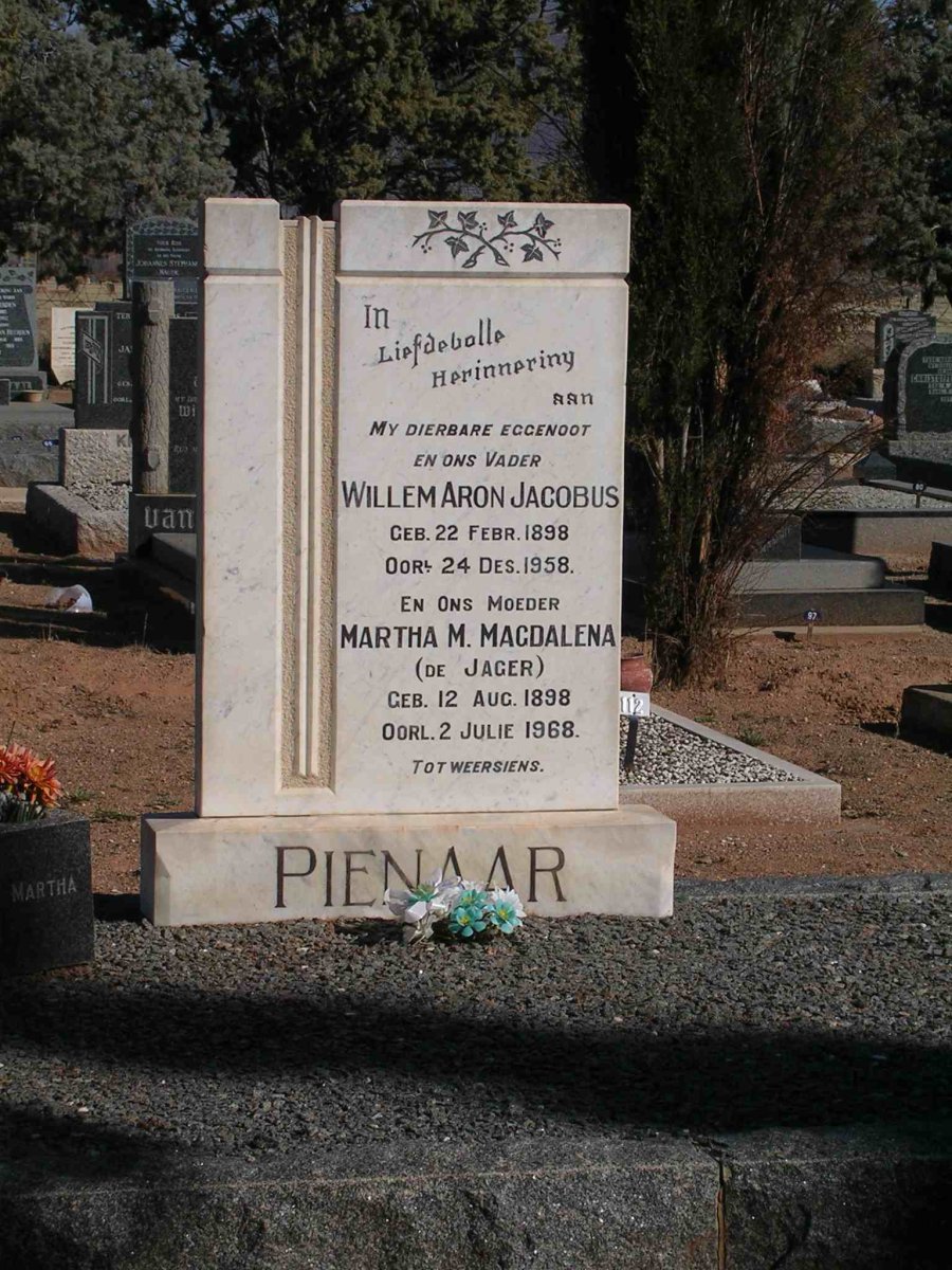PIENAAR Willem Aron Jacobus 1898-1958 &amp; Martha M. Magdalena DE JAGER 1898-1968