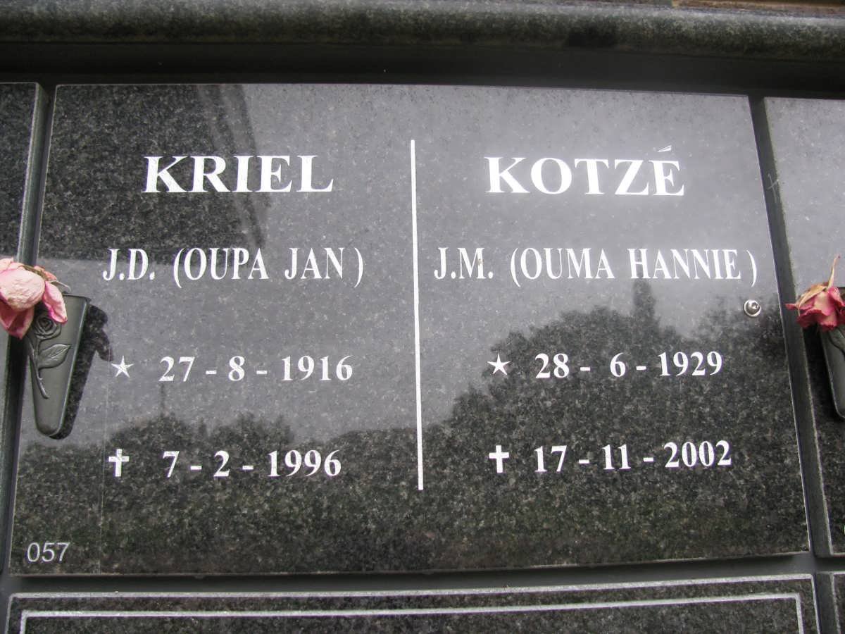 KRIEL J.D. 1916-1996 &amp; J.M. KOTZE 1929-2002
