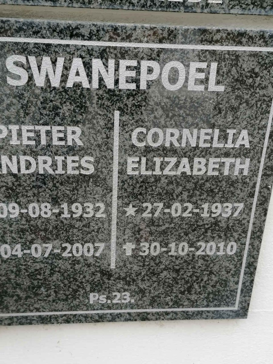 SWANEPOEL Pieter Andries 1932-2007 &amp; Cornelia Elizabeth 1937-2010