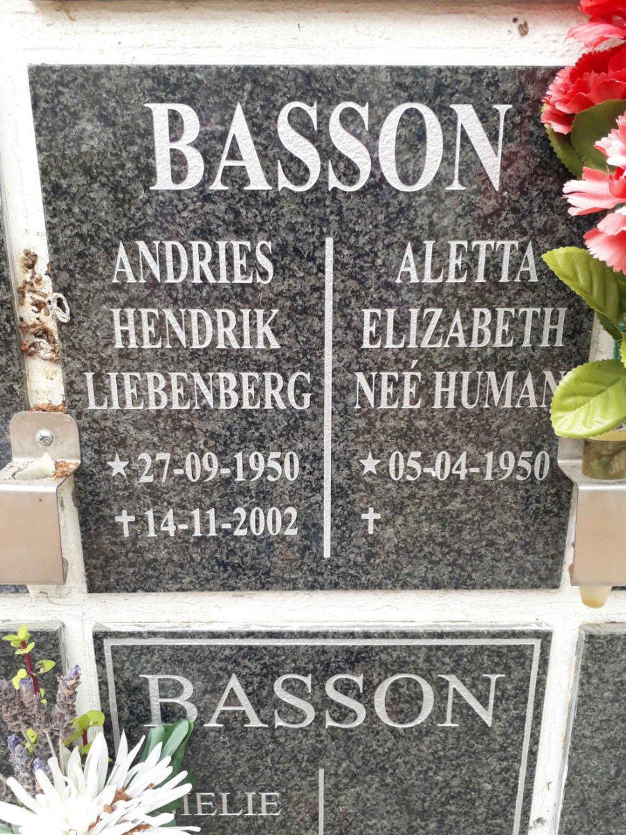 BASSON Andries Hendrik Liebenberg 1950-2002 &amp; Aletta Elizabeth nee HUMAN 1950-