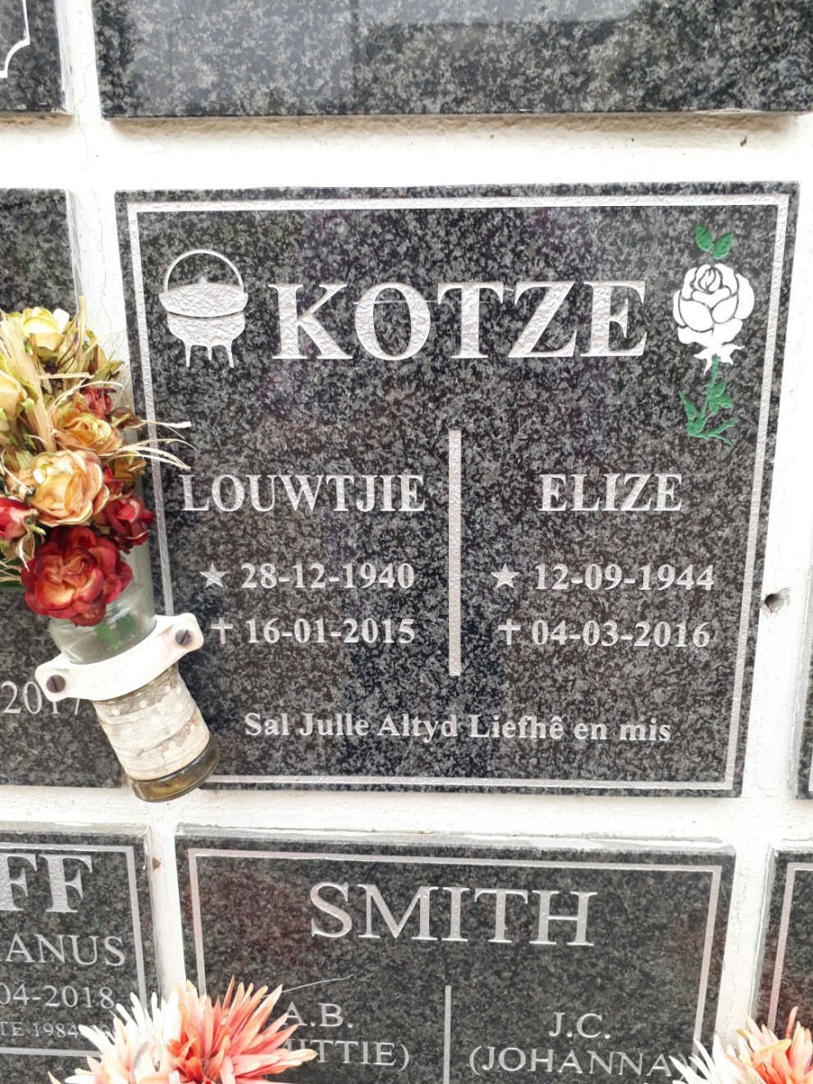 KOTZE Louwtjie 1940-2015 &amp; Elize 1944-2016