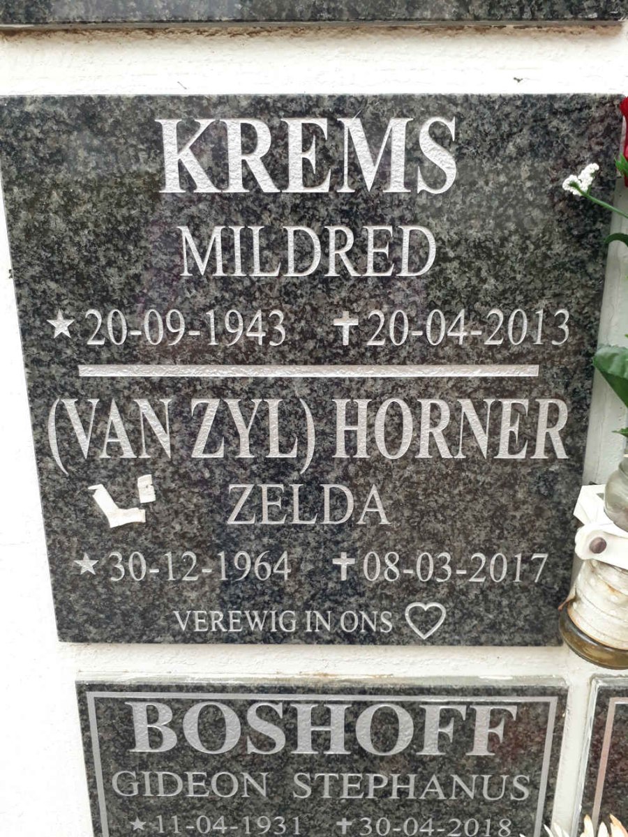 KREMS Mildred 1943-2013 :: HORNER Zelda nee VAN ZYL 1964-2017