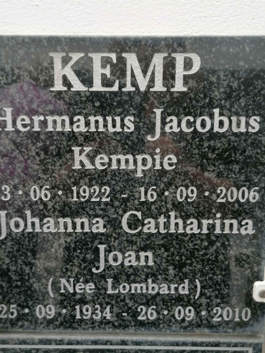 KEMP Hermanus Jacobus 1922-2006 &amp; Johanna Catharina LOMBARD 1934-2010