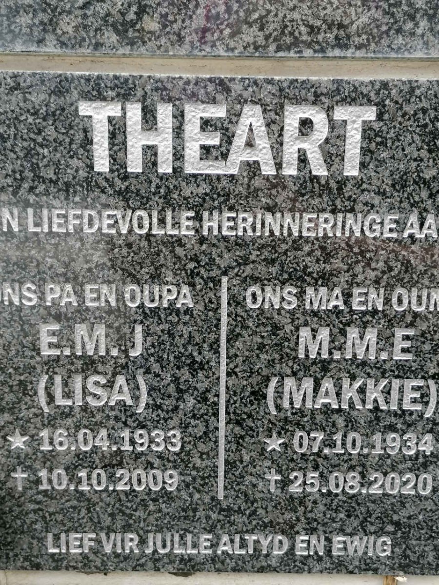 THEART E.M.J. 1933-2009 &amp; M.M.E. 1934-2020