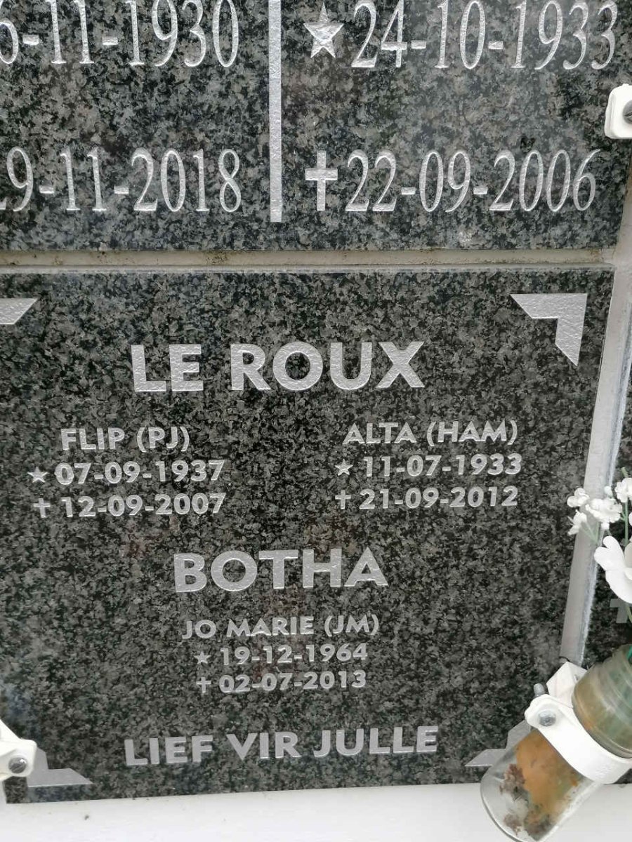 ROUX P.J., le 1937-2007 &amp; H.A.M. 1933-2012 :: BOTHA Jo Marie 1964-2019