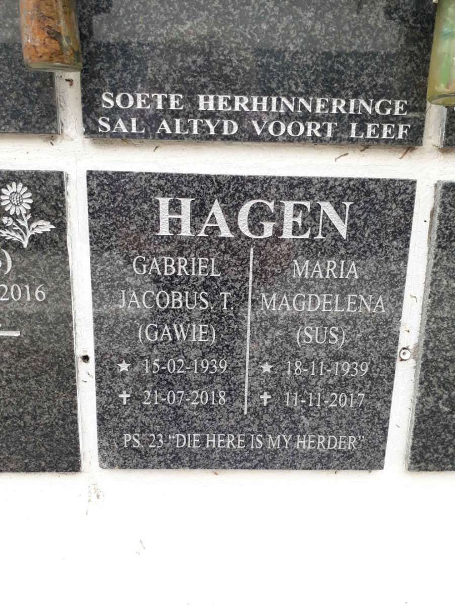 HAGEN Gabriel Jacobus T. 1939-2018 &amp; Maria Magdelena 1939-2017