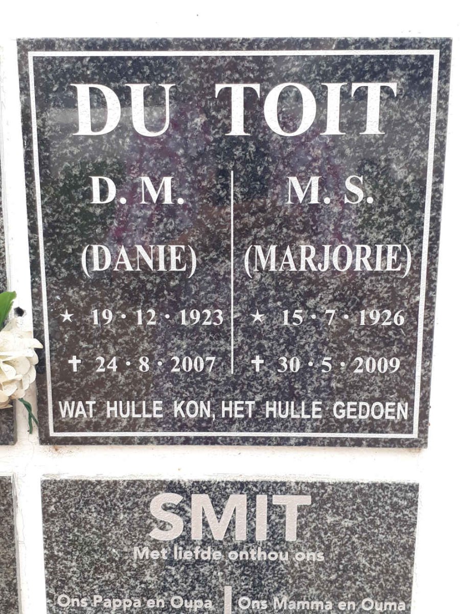 TOIT D.M., du 1923-2007 &amp; M.S. 1926-2009