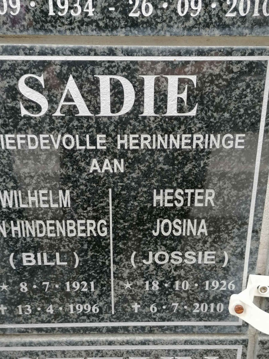 SADIE Wilhelm ? Hindenberg 1921-1996 &amp; Hester Josina 1926-2010