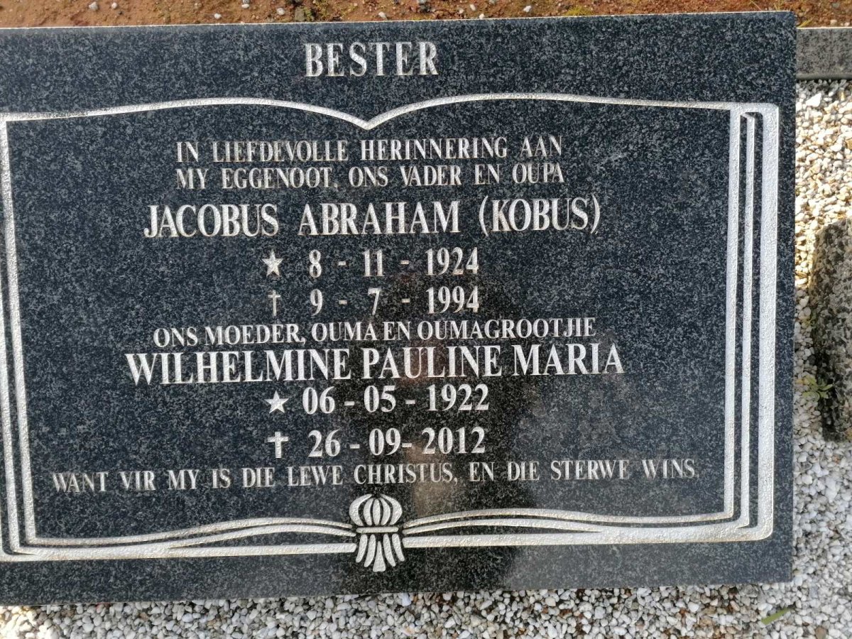 BESTER Jacobus Abraham 1924-1994 &amp; Wilhelmine Pauline Maria 1922-2012
