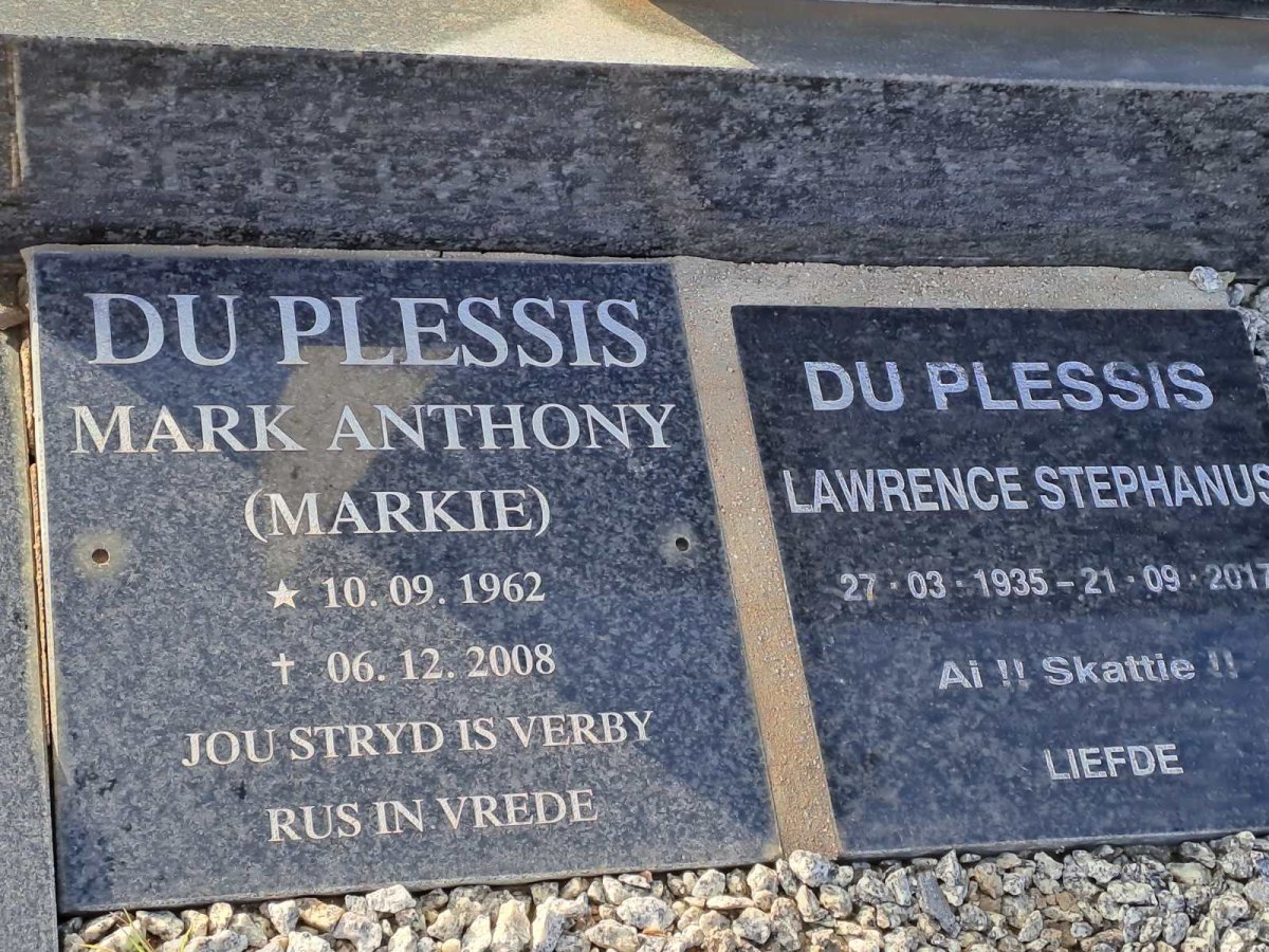 PLESSIS Lawrence S., du 1935-2017 :: DU PLESSIS Mark Anthony 1962-2008 