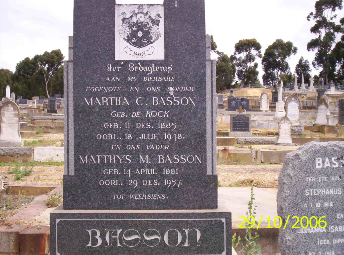 BASSON Matthys M. 1881-1957 &amp; Martha C. DE KOCK 1885-1948