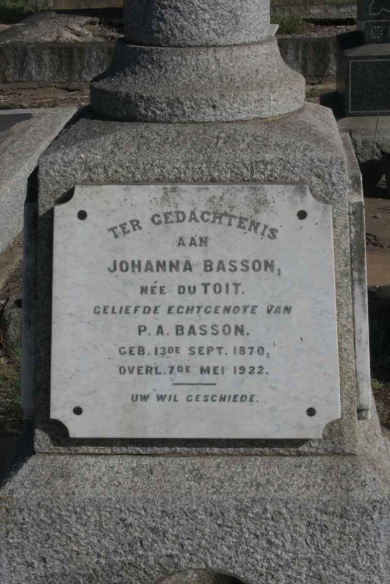 BASSON Johanna nee DU TOIT 1870-1922