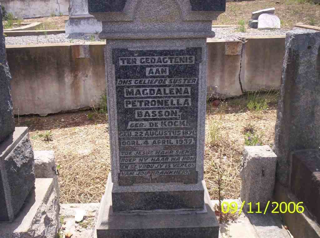 BASSON Magdalena Petronella née DE KOCK 1871-1937