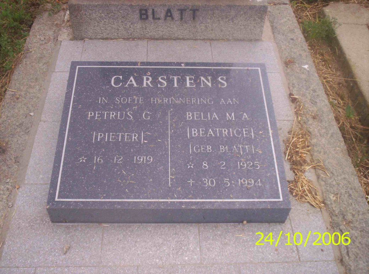 CARSTENS Petrus G. 1919- &amp; Belia M.A. BLATT 1925-1994