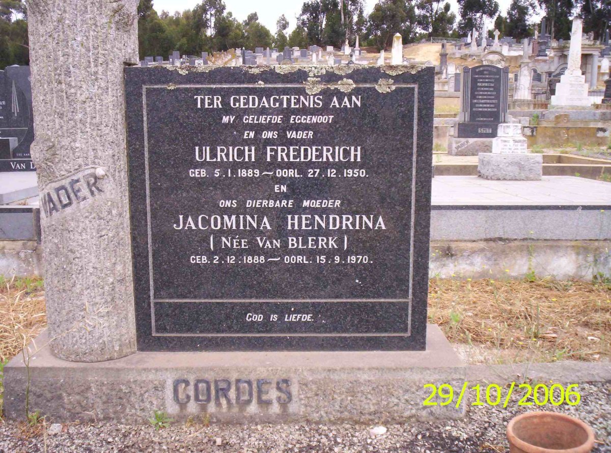 CORDES Ulrich Frederich 1889-1950 &amp; Jacomina Hendrina VAN BLERK 1888-1970