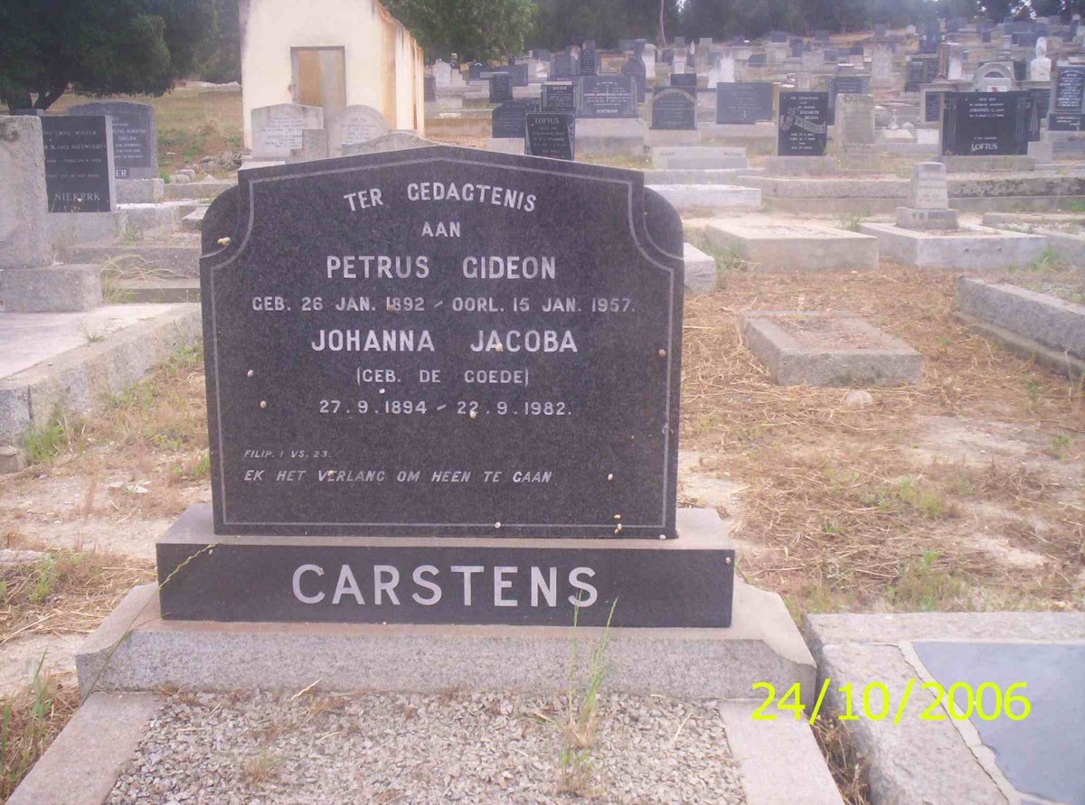 CARSTENS Petrus Gideon 1892-1957 &amp; Johanna Jacoba DE GOEDE 1894-1982