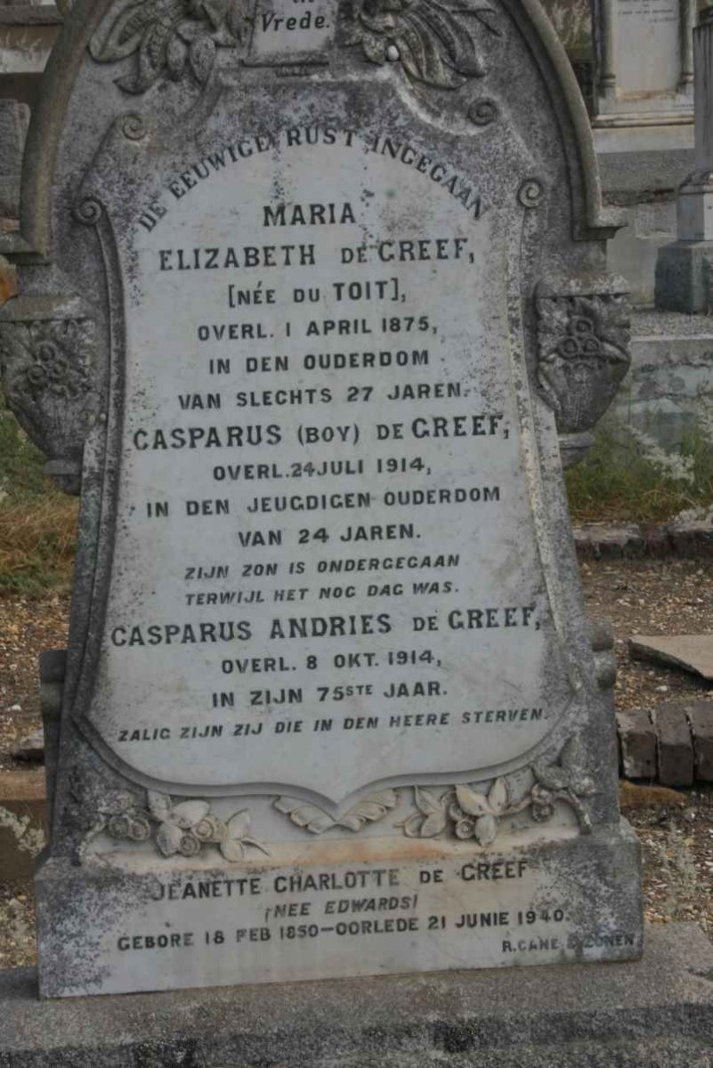 GREEF Casparus Andries, de -1914 &amp; Jeanette Charlotte EDWARDS 1850-1940 :: DE GREEF Maria Elizabeth nee DU TOIT -1875