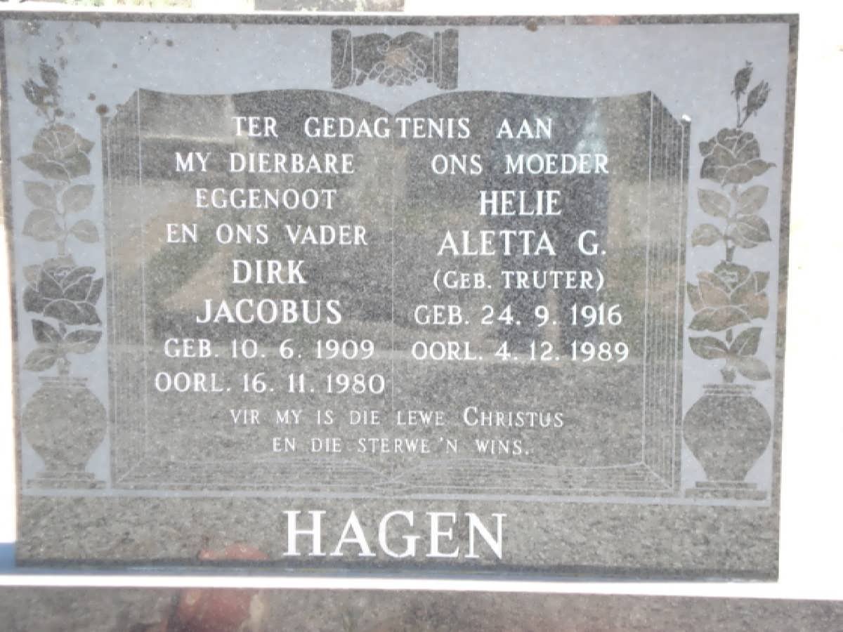 HAGEN Dirk Jacobus 1909-1980 &amp;  Aletta G. TRUTER 1916-1989