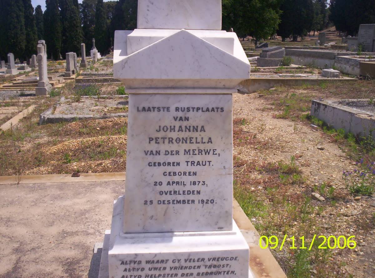 MERWE Johanna Petronella, van der nee TRAUT 1873-1920