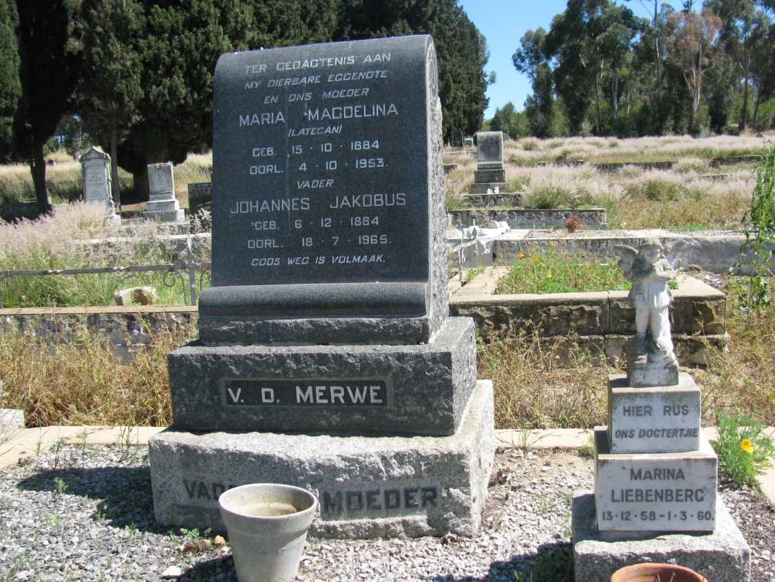 MERWE Johannes Jakobus, v.d. 1884-1965 &amp; Maria Magdelina LATEGAN 1884-1953 :: LIEBENBERG Marina 1958-1960