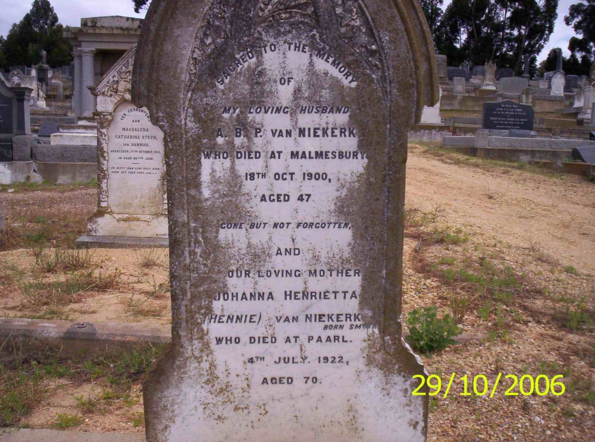 NIEKERK A.B.P., van -1900 &amp; Johanna Henrietta SMUTS -1922