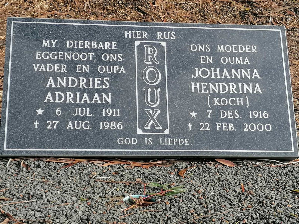 ROUX Andries Adriaan 1911-1986 &amp; Johanna Hendrina KOCH 1916-2000
