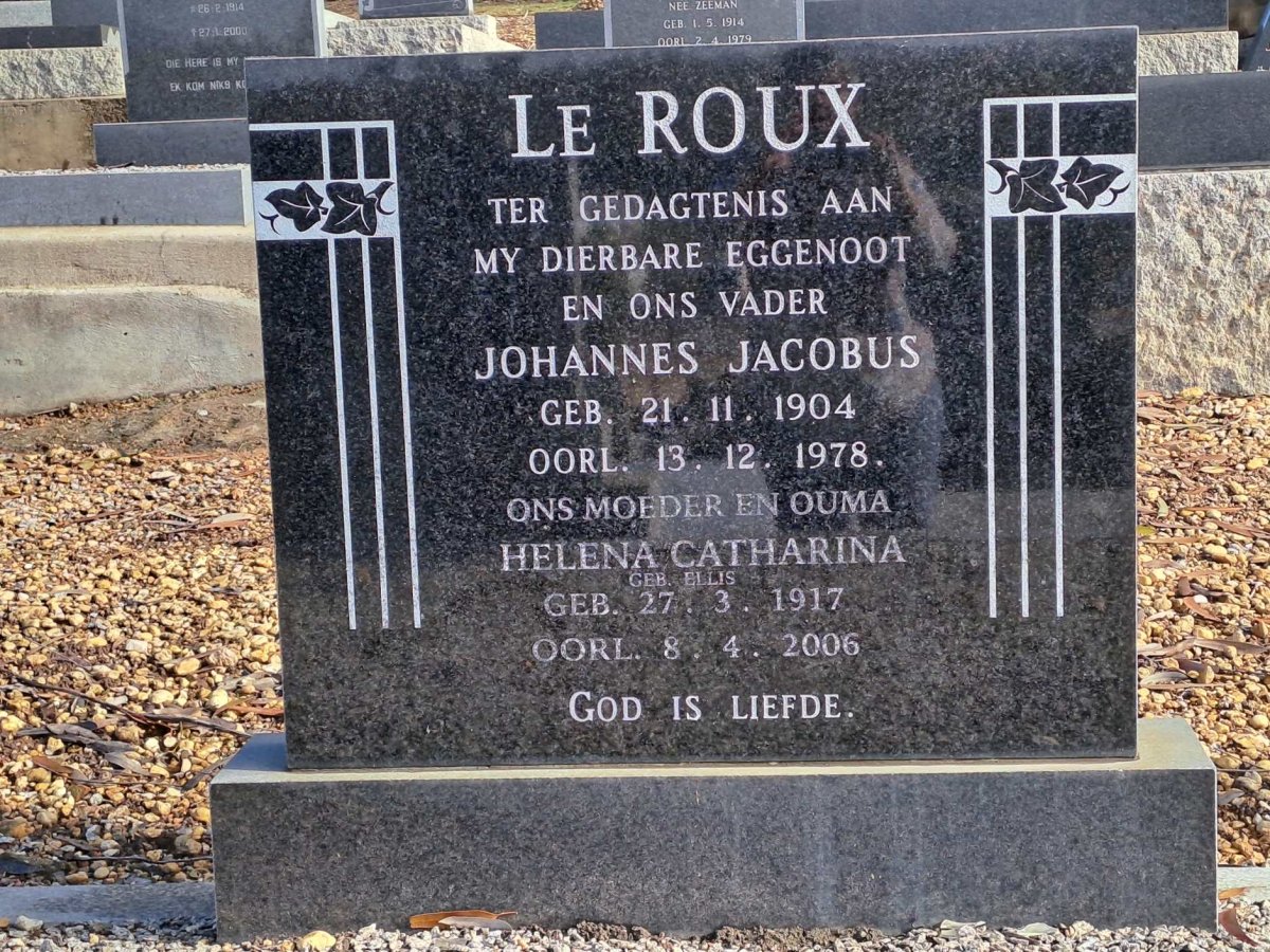 ROUX Johannes Jacobus, le 1904-1978 &amp; Helena Catharina ELLIS 1917-2006