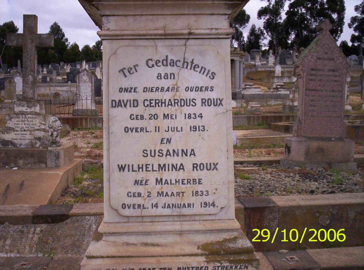 ROUX David Gerhardus 1834-1913 &amp; Susanna Wilhelmina MALHERBE 1833-1914