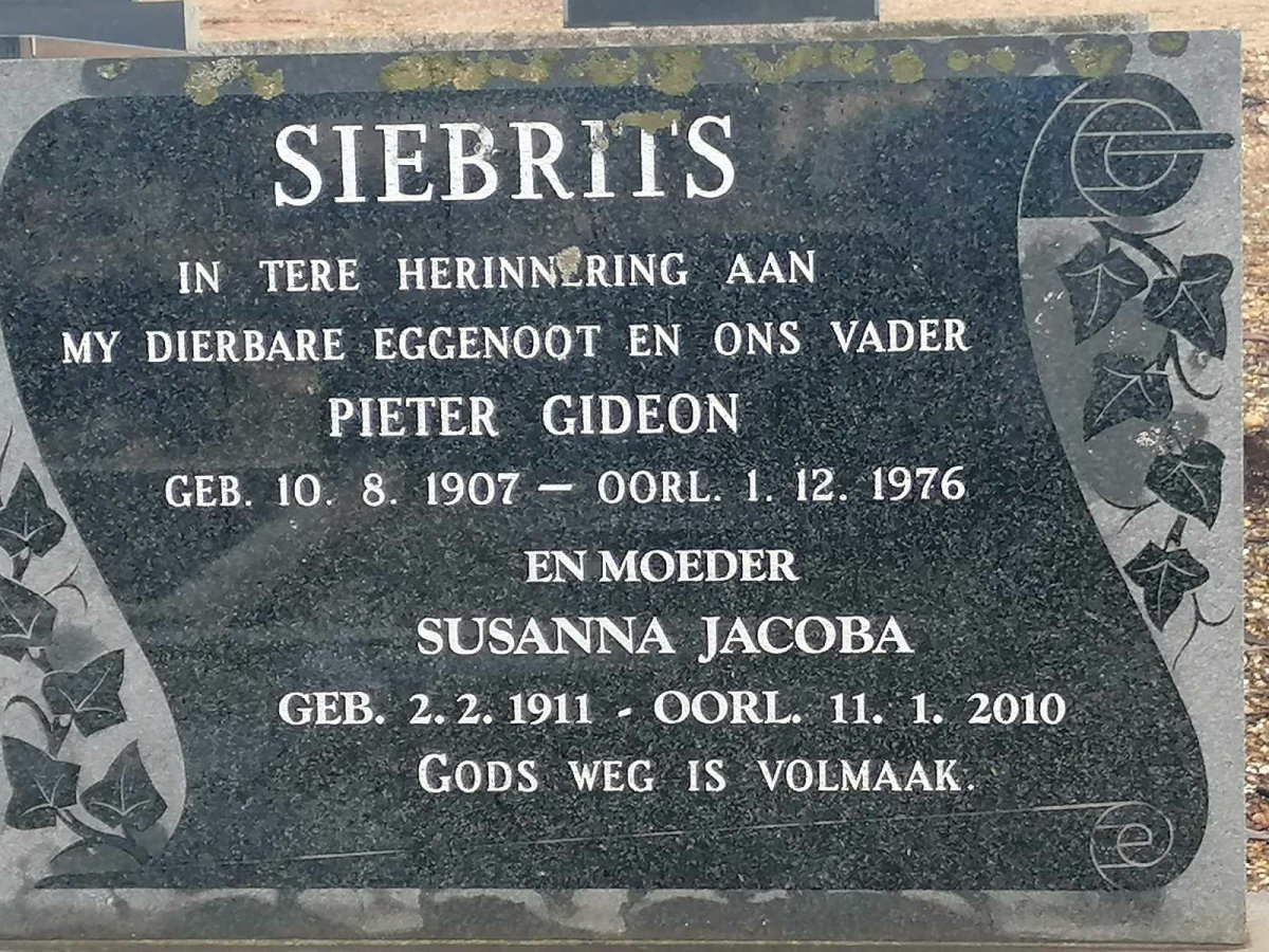 SIEBRITS Pieter Gideon 1907-1976 &amp; Susanna Jacoba 1911-2010