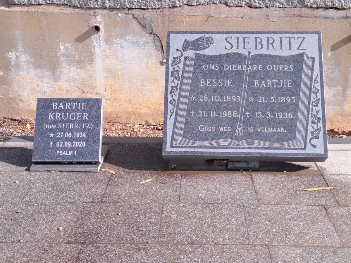 SIEBRITZ Bartjie 1895-1936 &amp; Bessie 1893-1986 :: KRUGER Bartie nee SIEBRITZ 1934-2020