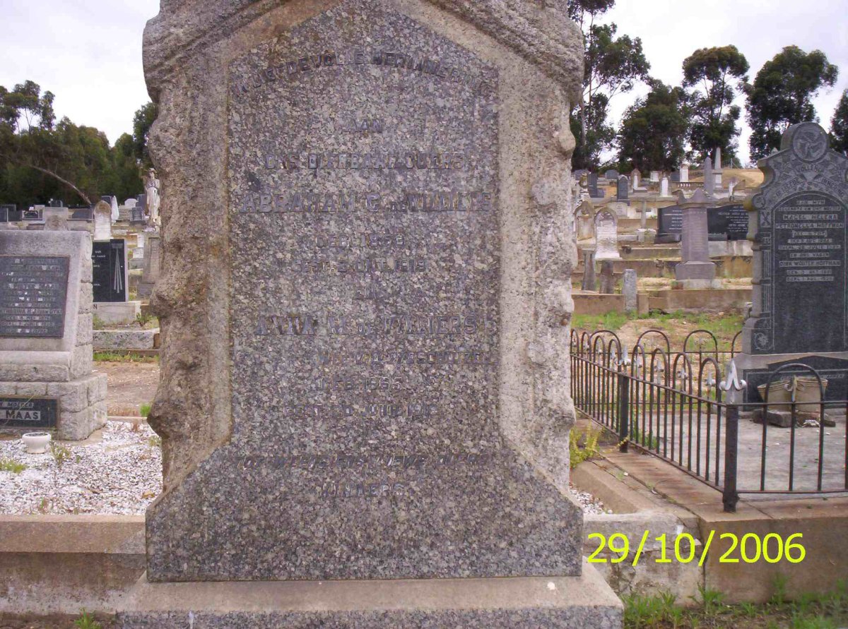 VILLIERS Abraham C., de 1853-1919 &amp; Anna M. V.D. WESTHUIZEN 1865-191?