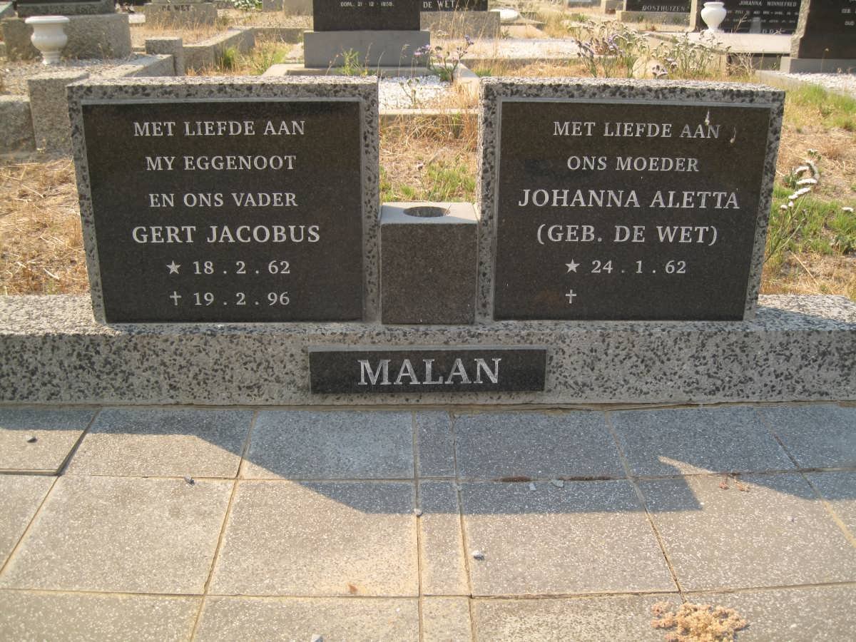 MALAN Gert Jacobus 1962-1996 &amp; Johanna Aletta DE WET 1962-