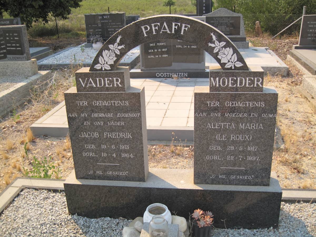 PFAFF Jacob Fredrik 1913-1964 &amp; Aletta Maria LE ROUX 1917-1997