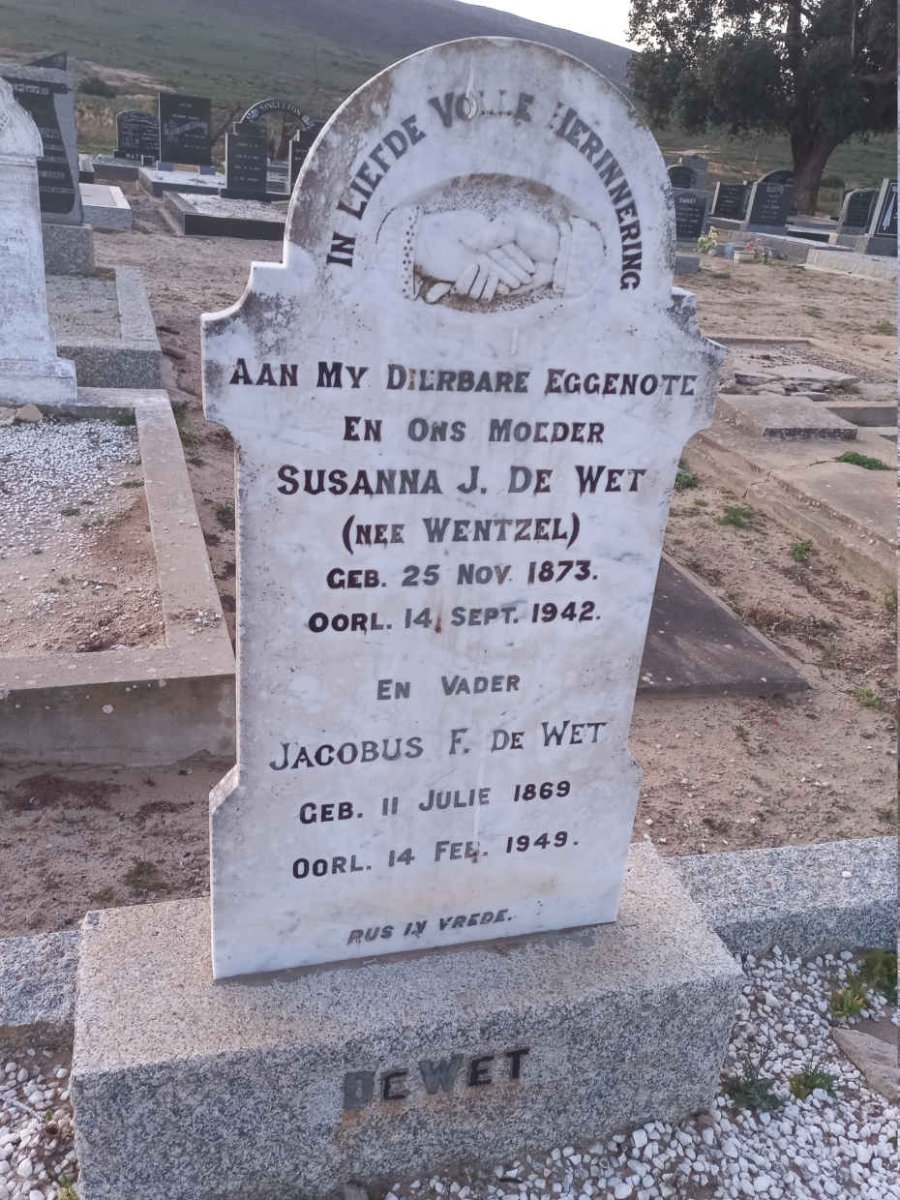 WET Jacobus F., de 1869-1949 &amp; Susanna J. WENTZEL 1873-1942