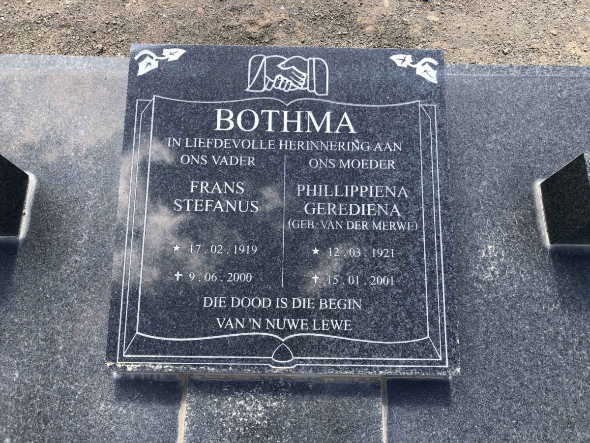 BOTHMA Frans Stefanus 1919-2000 &amp; Phillippiena Gerediena VAN DER MERWE 1921-2001