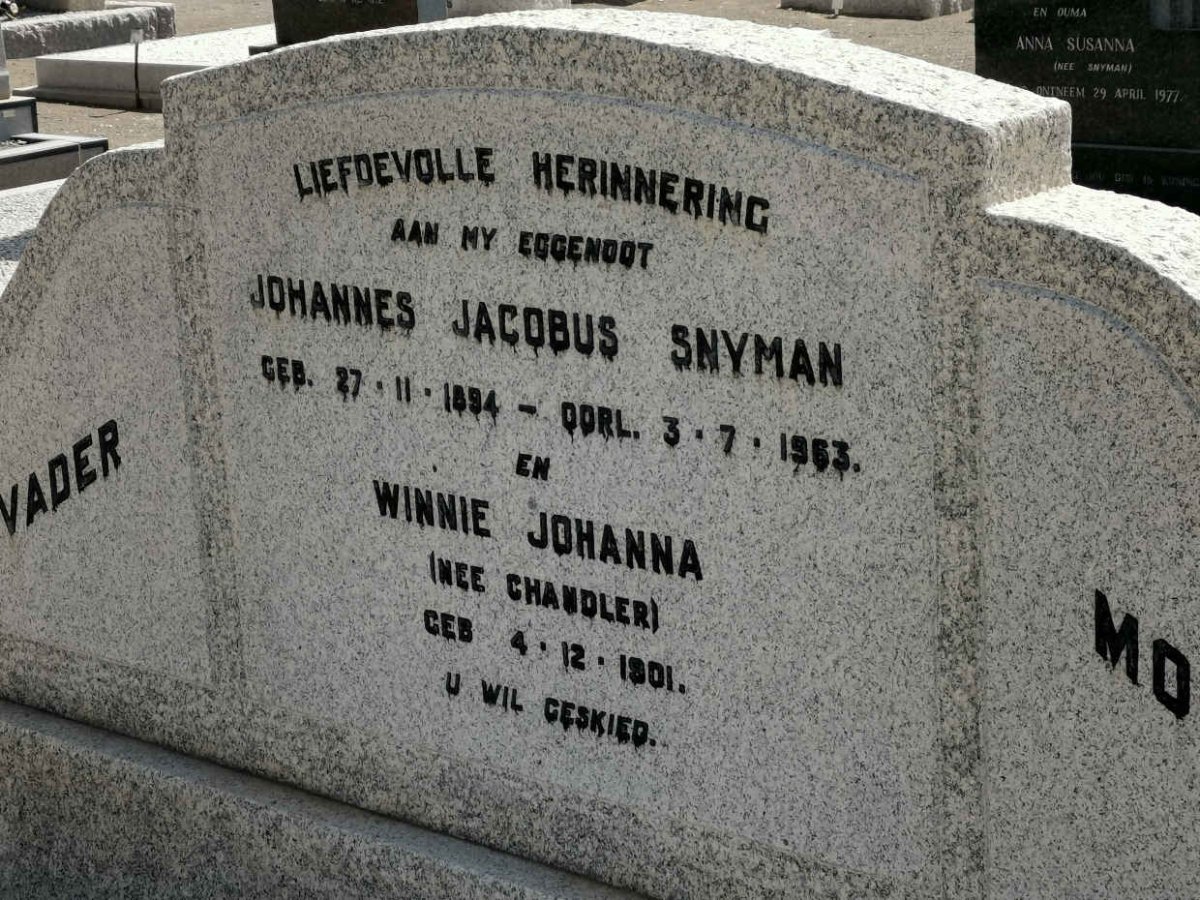 SNYMAN Johannes Jacobus 1894-1963 &amp; Winnie Johanna CHANDLER 1901-