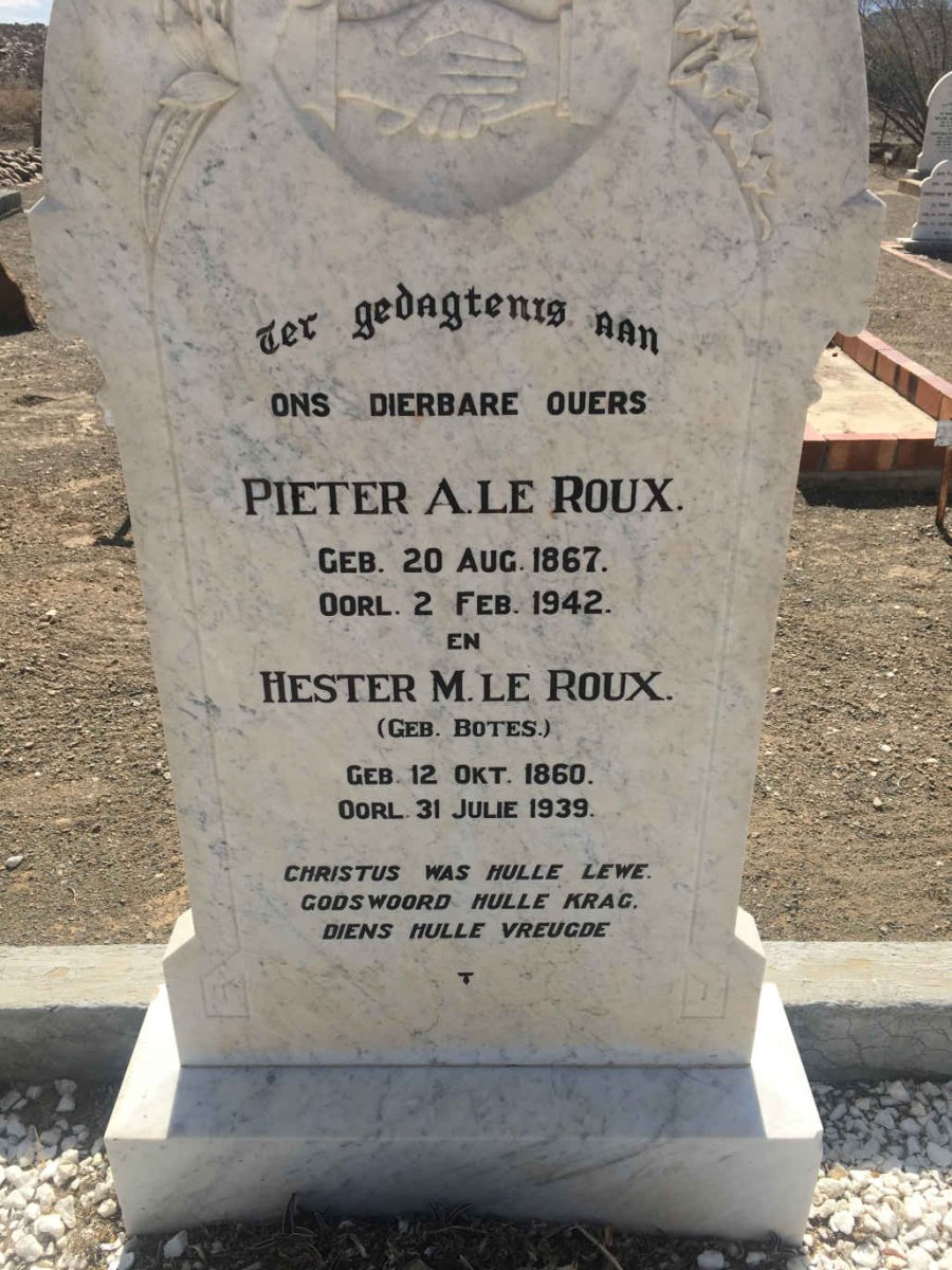 ROUX Pieter A., le 1867-1942 &amp; Hester M. BOTES 1860-1939