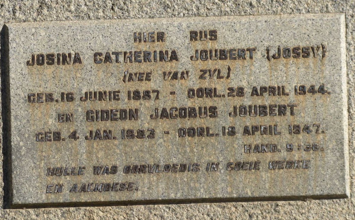 JOUBERT Gideon Jacobus 1883-1947 &amp; Josina Catherina VAN ZYL 1887-1944