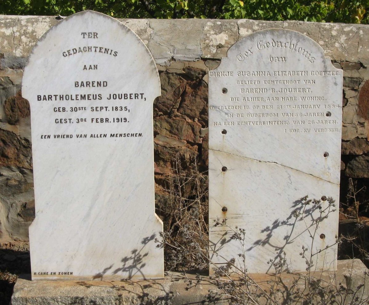 JOUBERT Barend Bartholemeus 1835-1919 &amp; Dirkje Susanna Elizabeth COETZEE -1884