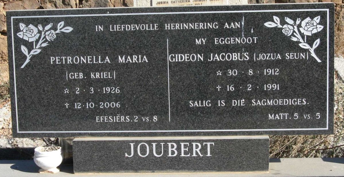 JOUBERT Gideon Jacobus 1912-1991 &amp; Petronella Maria KRIEL 1926-2006
